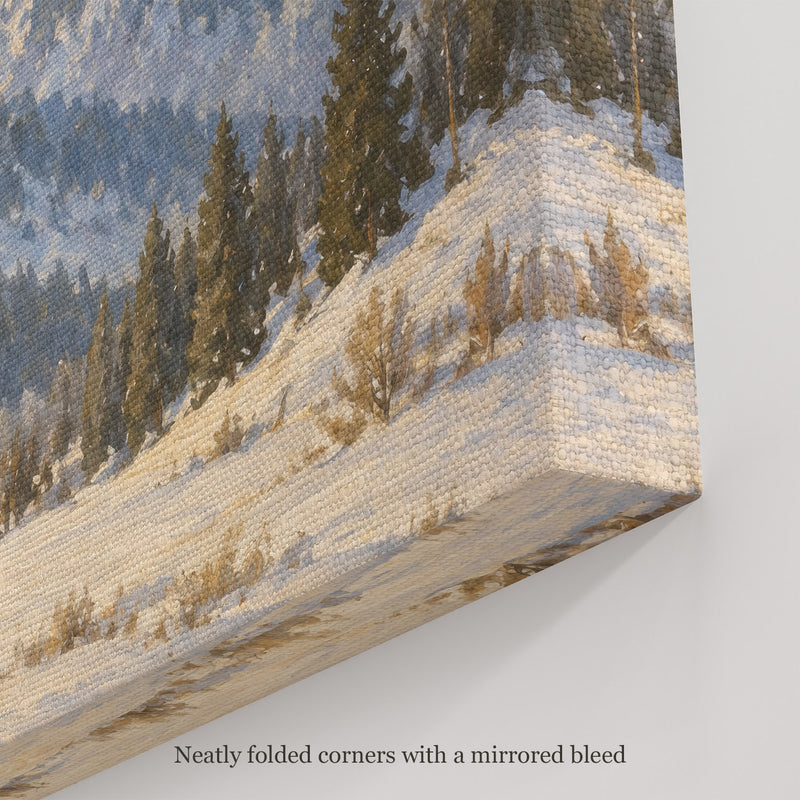 The Winter Peak Wall Art, canvas corner with neatly folded corners and a mirrored bleed