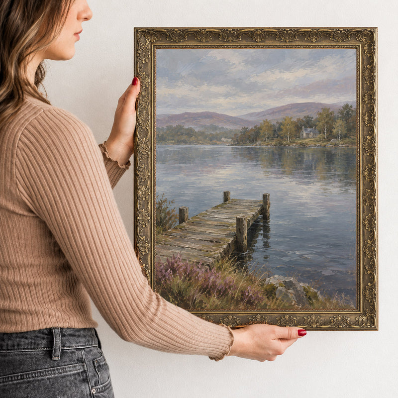 The Wooden Jetty Wall Art in a Gold Ornate Frame, held to show its size