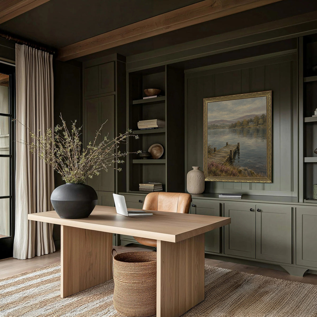 The Wooden Jetty Wall Art in a Gold Ornate Frame in a green panelled study