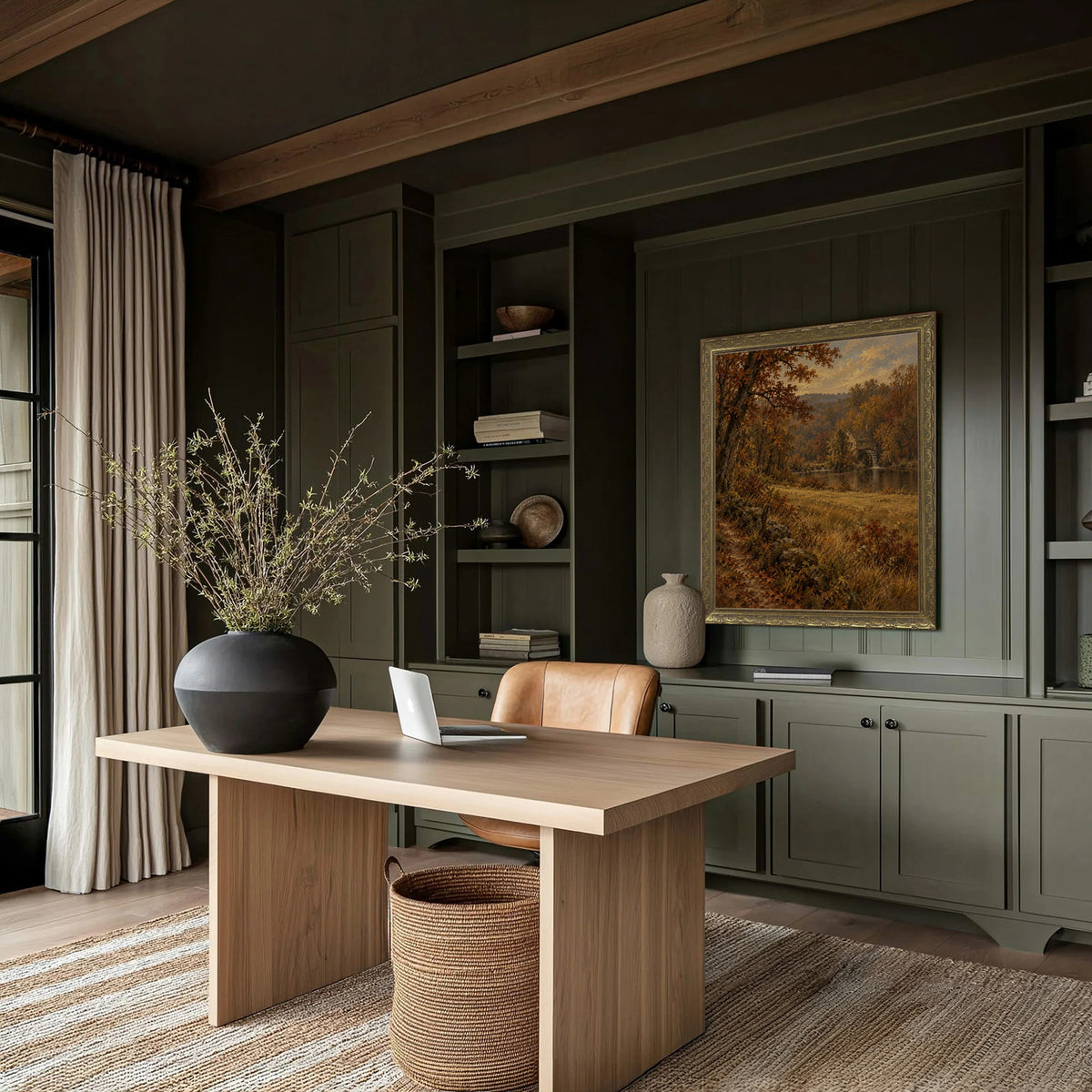 The Woodland Edge Wall Art in a Gold Ornate Frame in a green panelled study