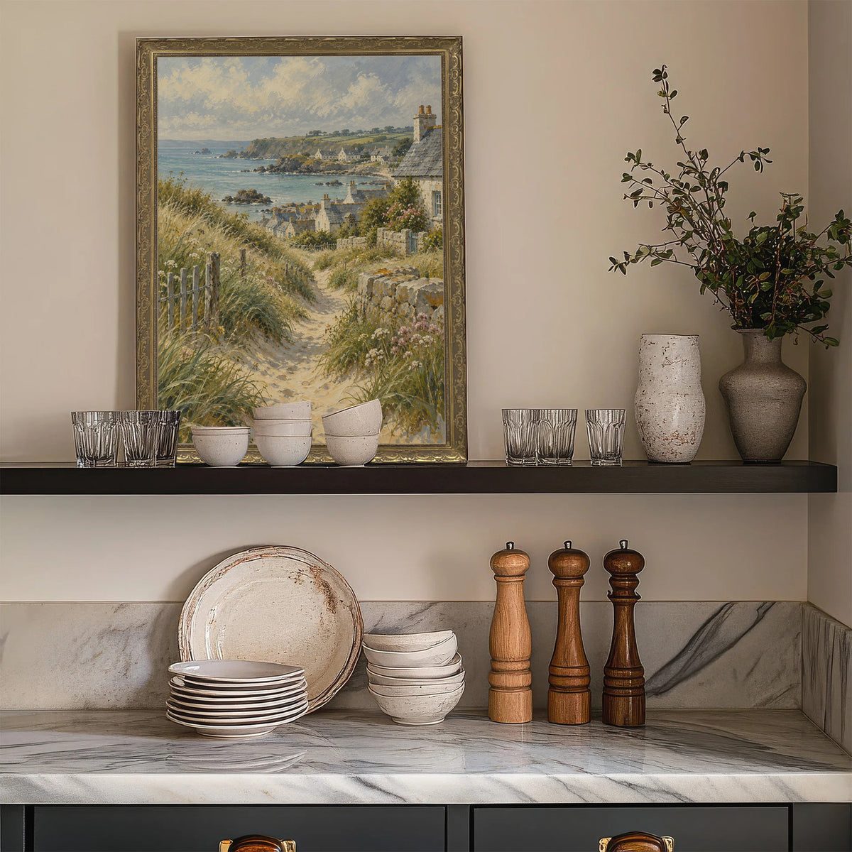 Through the Dunes Wall Art in a Gold Ornate Frame on a kitchen shelf