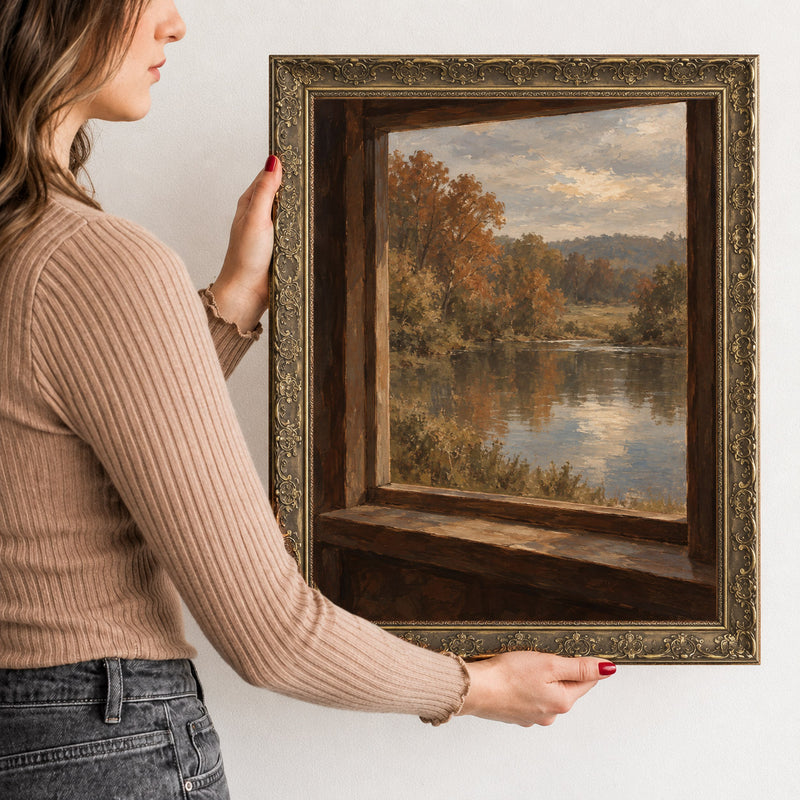 Through the Mill Window Wall Art in a Gold Ornate Frame, held to show its size