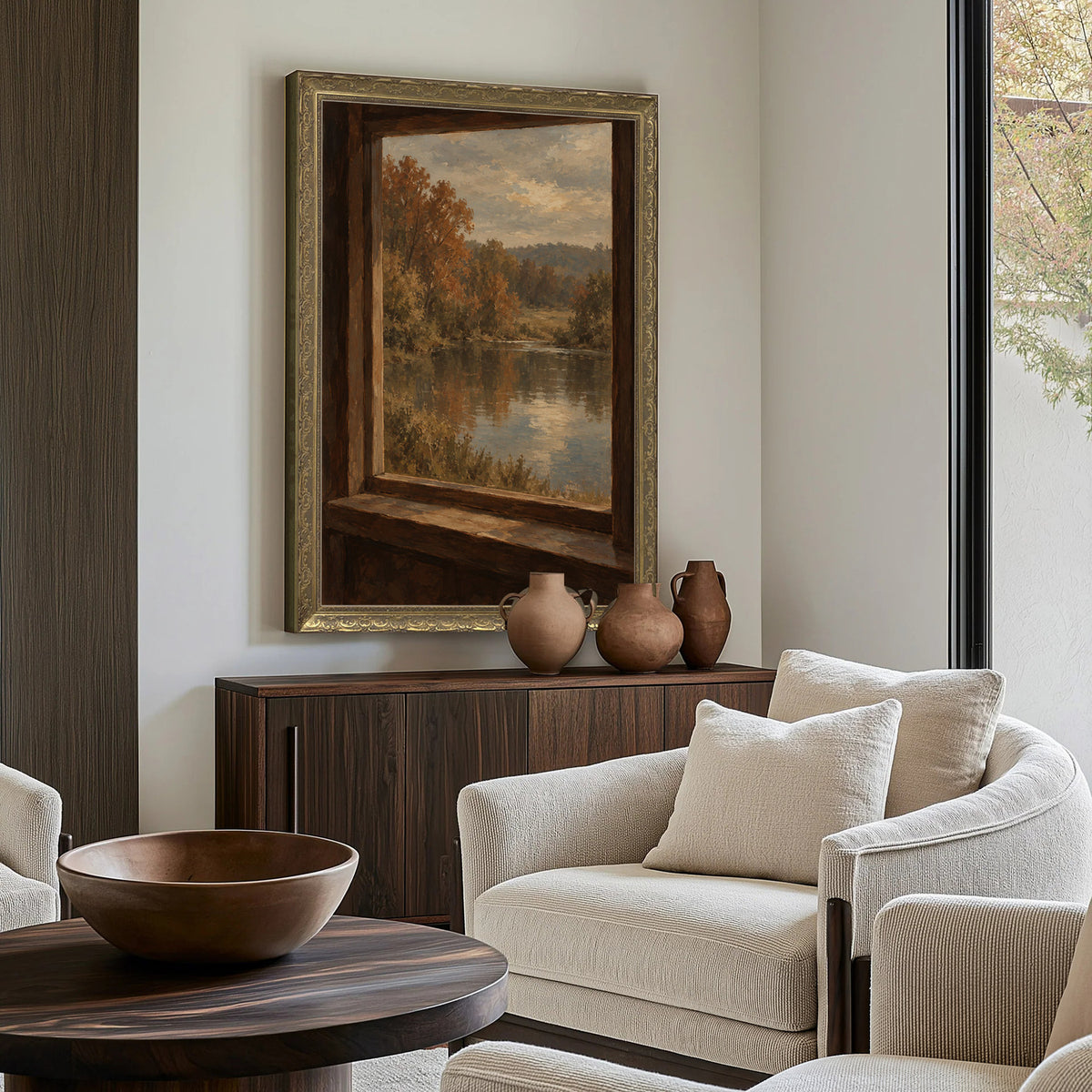 Through the Mill Window Wall Art in a Gold Ornate Frame above a walnut console in a sitting room