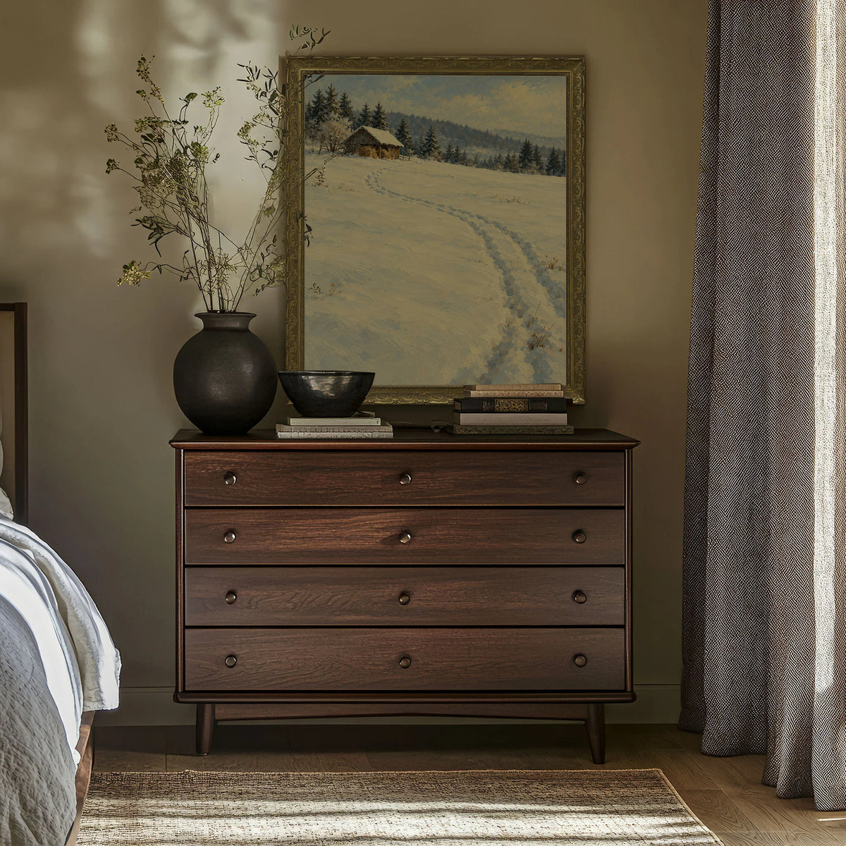 Tracks to the Hay Barn Wall Art in a Gold Ornate Frame above a walnut dresser in a bedroom