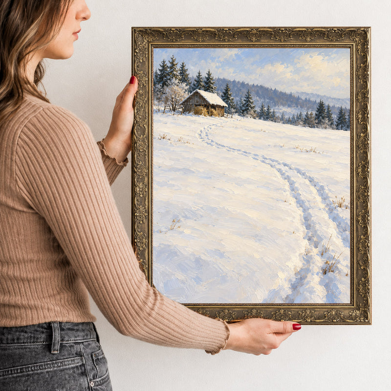 Tracks to the Hay Barn Wall Art in a Gold Ornate Frame, held to show its size