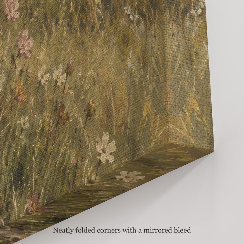 Wildflowers at the Rock Wall Art, canvas corner with neatly folded corners and a mirrored bleed