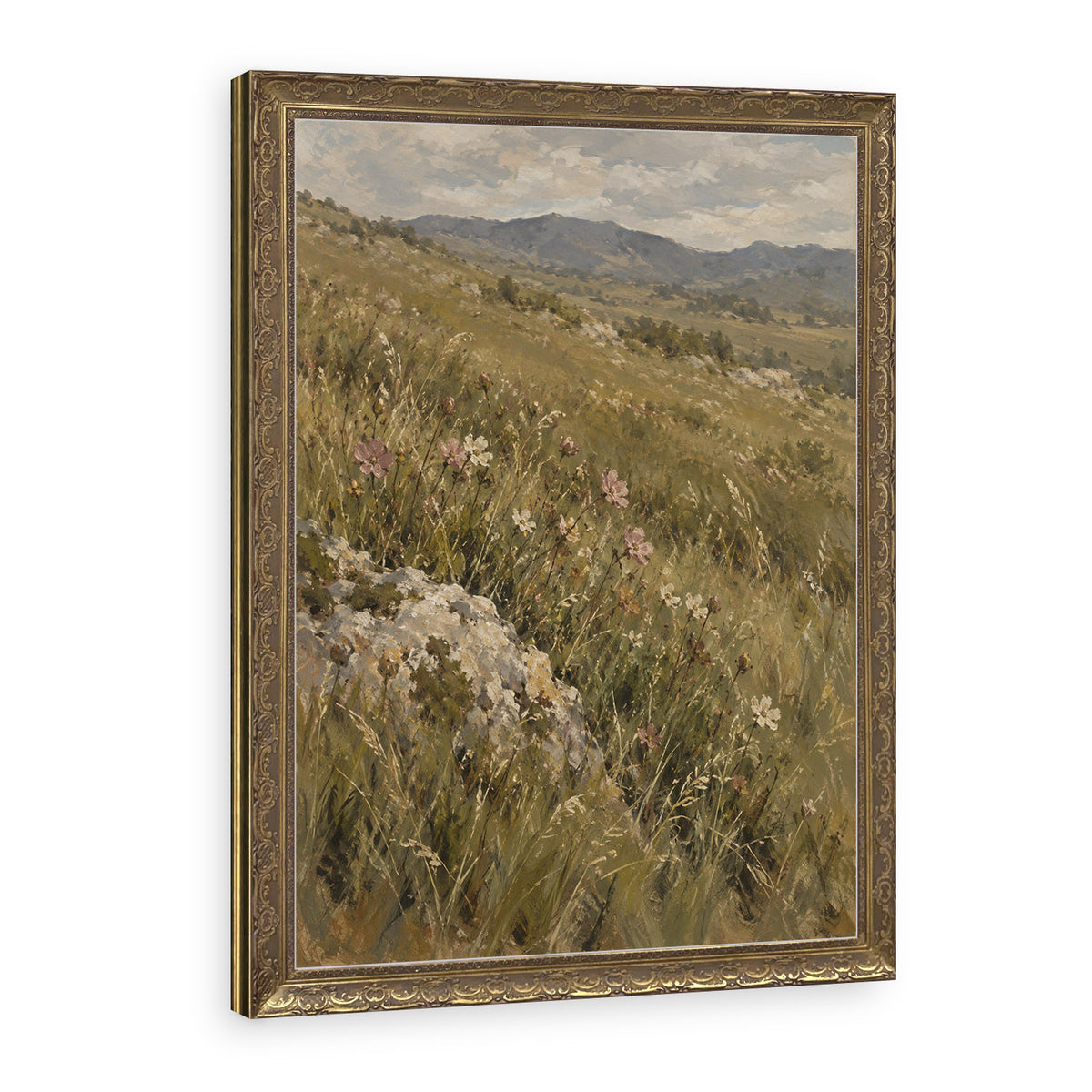 Wildflowers at the Rock Wall Art in a Gold Ornate Frame