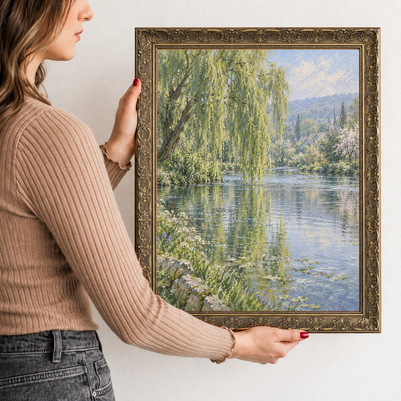Willows in Reflection Wall Art in a Gold Ornate Frame, held to show its size