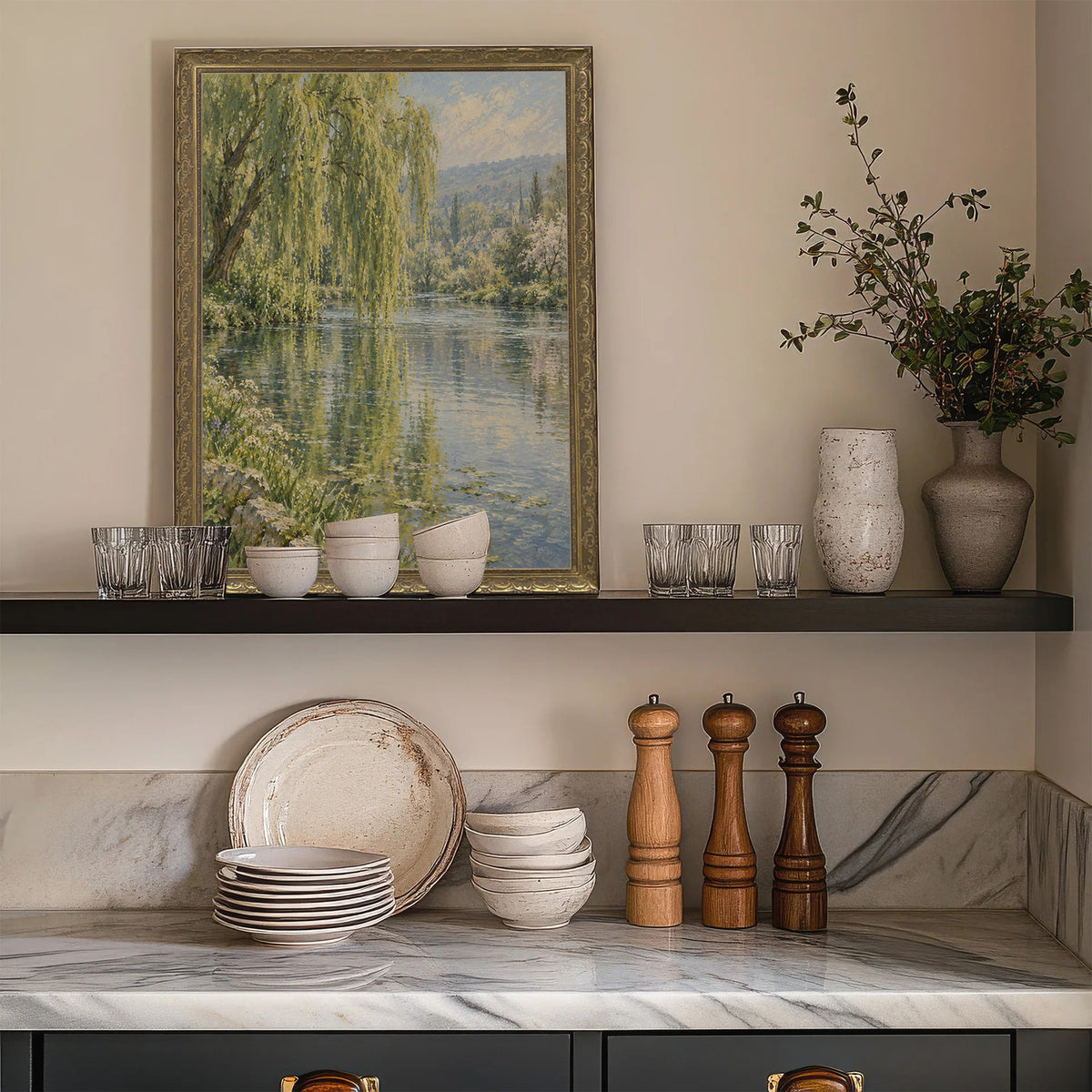 Willows in Reflection Wall Art in a Gold Ornate Frame on a kitchen shelf