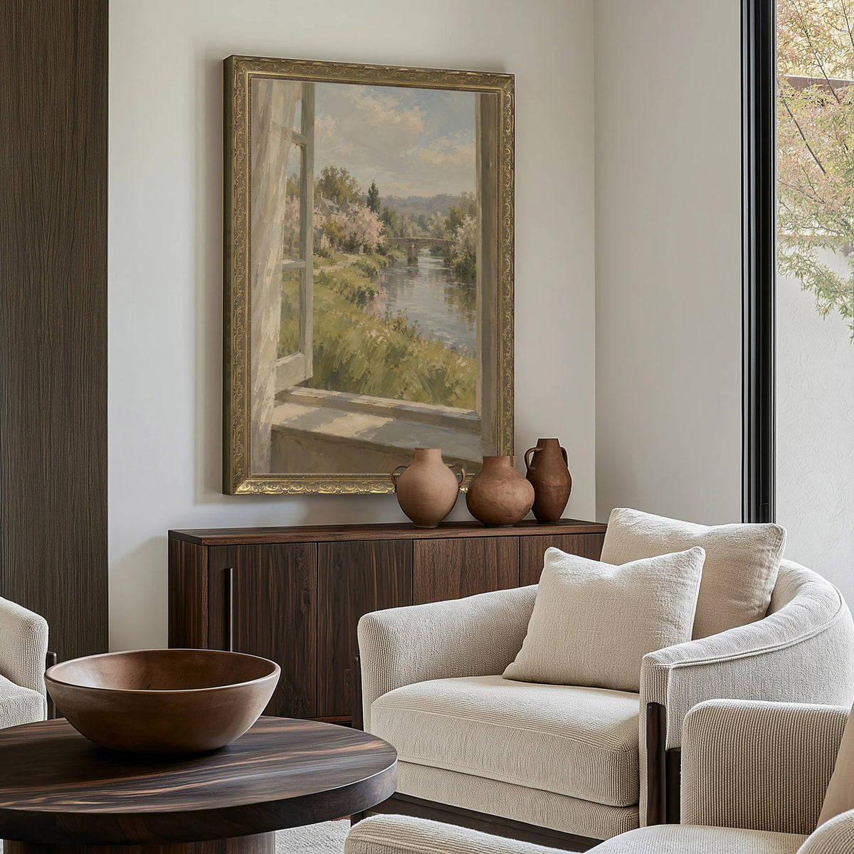 Window Above the River Wall Art in a Gold Ornate Frame above a walnut console in a sitting room