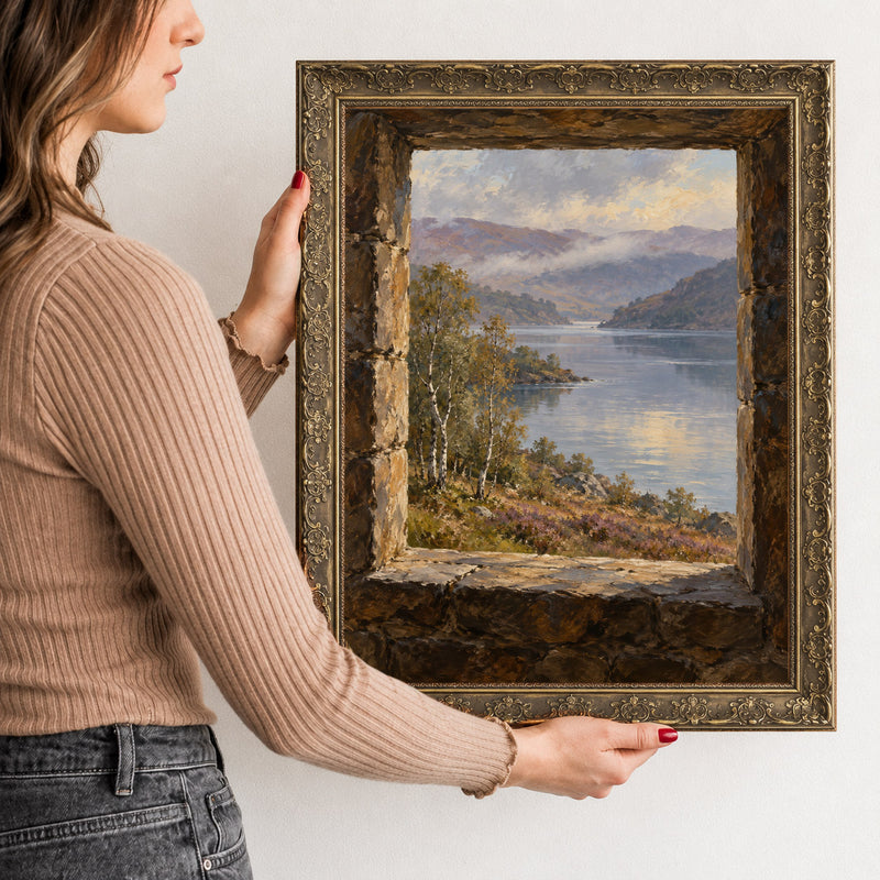 Window on the Loch Wall Art in a Gold Ornate Frame, held to show its size