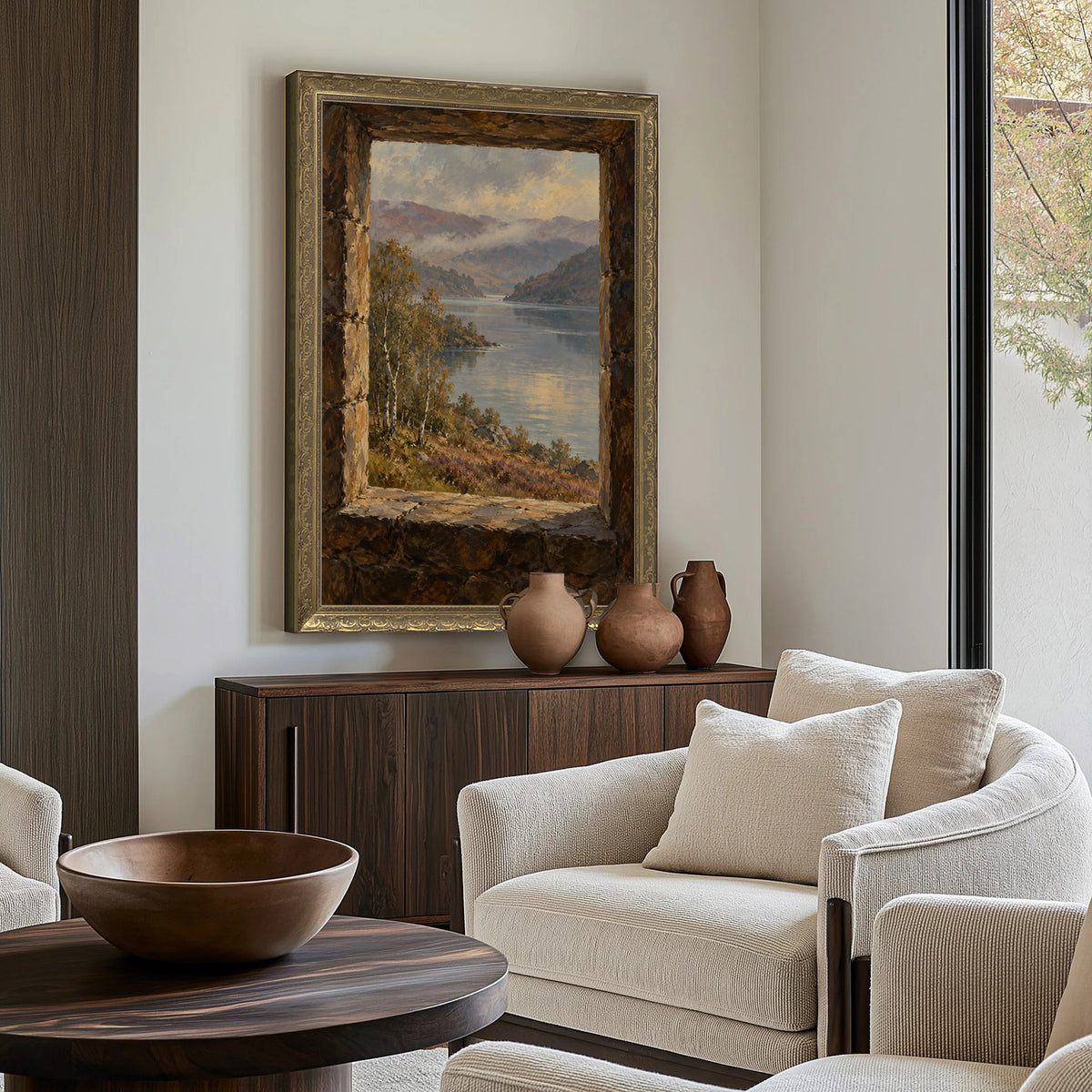 Window on the Loch Wall Art in a Gold Ornate Frame above a walnut console in a sitting room