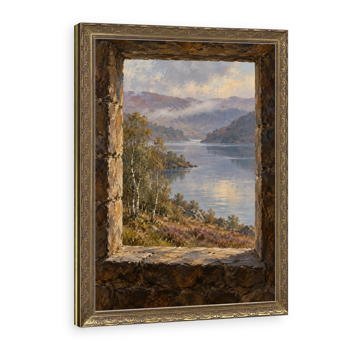 Window on the Loch Wall Art in a Gold Ornate Frame